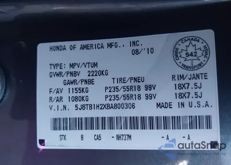 2011 Acura Rdx z USA, uszkodzony, nr VIN 5J8TB1H2XBA800306